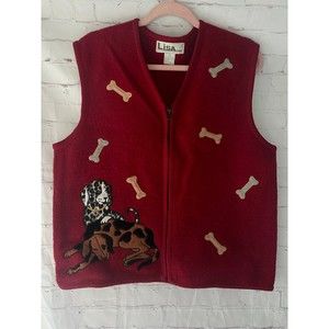Lisa International Red Boiled Wool Dog Themed Zip Up Vest L